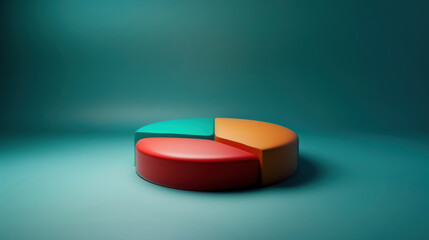Colorful pie chart model on teal background, showcasing vibrant segments in red, green, and orange. This abstract representation symbolizes data visualization and analysis