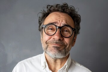 Fototapeta premium Facial Expressions of Happiness and Sadness on Man's Face set Against a Grey Background