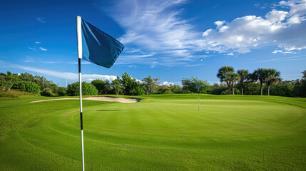 Obraz premium serene golf course scene featuring blue flag on green, surrounded by lush trees and sand trap under bright blue sky