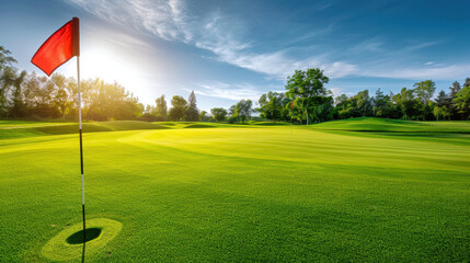 serene golf course landscape featuring flag on green, lush grass, and bright sky. scene evokes sense of tranquility and outdoor leisure