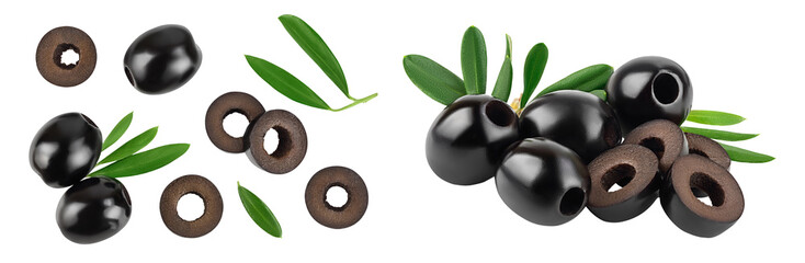 Black olives with leaves isolated on a white background with full depth of field. Top view. Flat lay