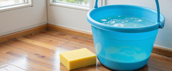 Blue bucket filled with water and bubbles next to a yellow sponge on polished wooden flooring near a bright window