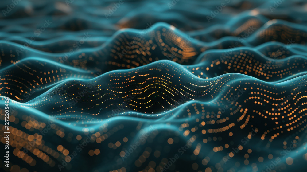 Poster mesmerizing abstract representation of flowing waves with glowing particles, creating sense of depth