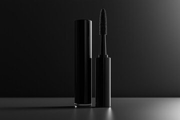Obraz premium A sleek black mascara tube with an applicator brush on a dark background.