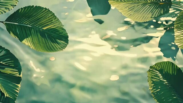 A calming time lapse video tropical leaves gently floating rippling water featuring 4K virtual animation perfect serene background visuals digital projects