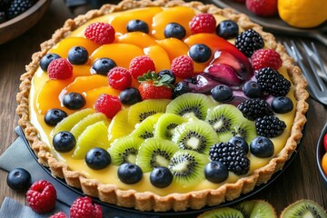 A colorful fruit tart topped with berries, kiwi, and peach slices on a wooden table.