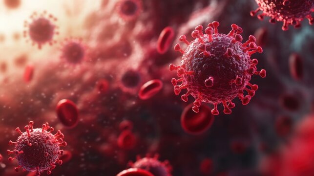 Close-up view of red blood cells and virus particles, illustrating blood and immune response in a biological context.