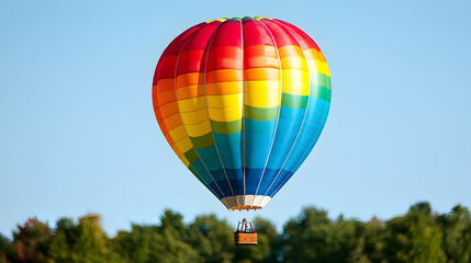Fototapeta premium Colorful rainbow hot air balloon flies high in the clear blue sky over a green forest during a sunny day.
