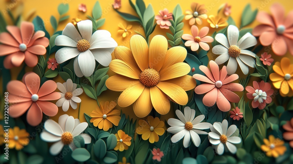 Poster beautiful colorful spring flowers with yellow copy space in the middle. spring concept background. s
