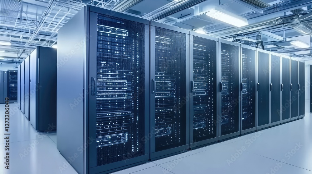 Aufkleber Modern data center with illuminated server racks, advanced networking, and cloud computing infrastructure. Ideal for technology, cybersecurity, and IT concepts