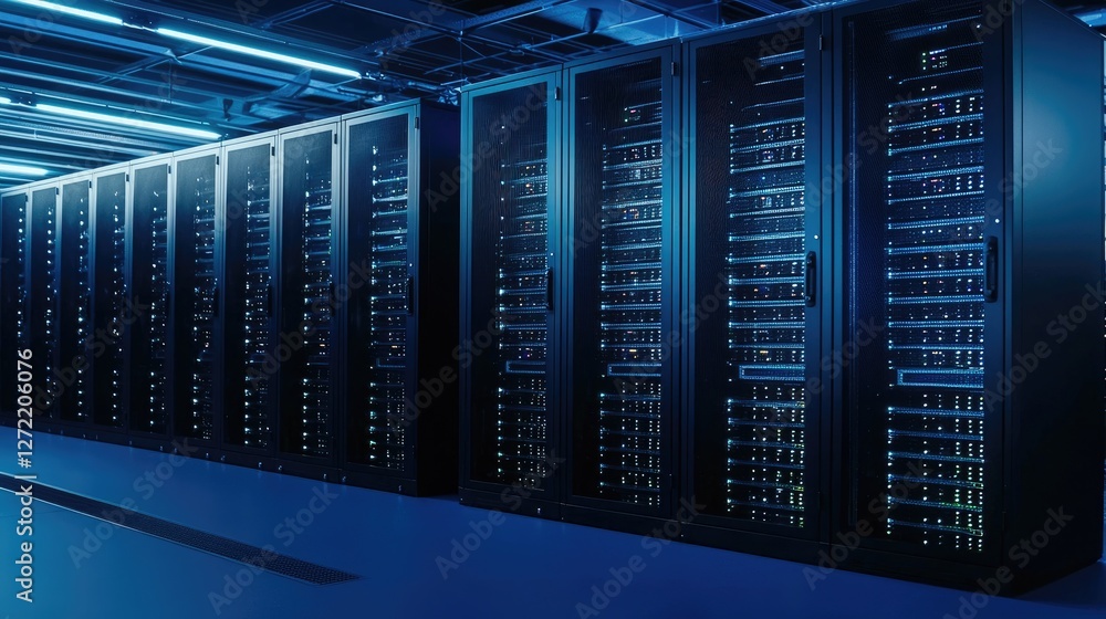 Poster Modern data center with server racks illuminated by blue LED lights, showcasing high-performance computing and cloud storage infrastructure. Ideal for technology, cybersecurity, and IT networking