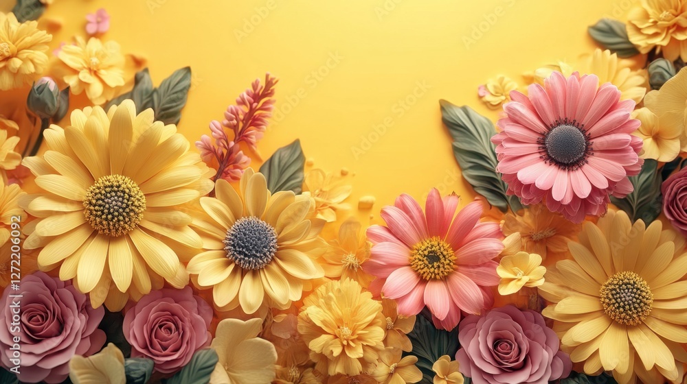 Poster beautiful colorful spring flowers with yellow copy space in the middle. spring concept background. s