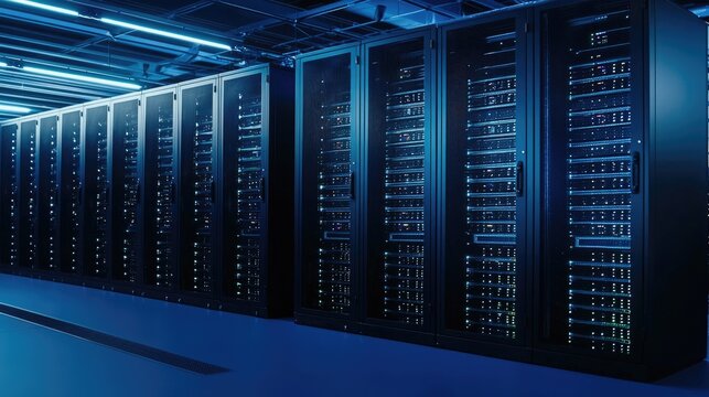Modern data center with server racks illuminated by blue LED lights, showcasing high-performance computing and cloud storage infrastructure. Ideal for technology, cybersecurity, and IT networking