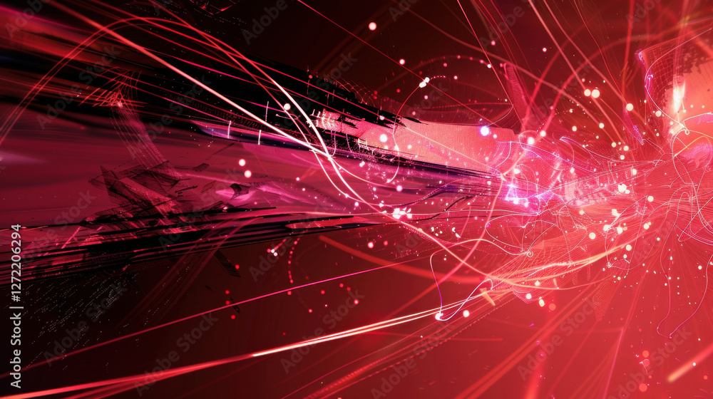 Aufkleber vibrant abstract digital art with dynamic lines and glowing particles in red tones, creating sense o