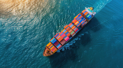 Large cargo ship navigating through blue waters, loaded with colorful containers, showcasing maritime transport and trade