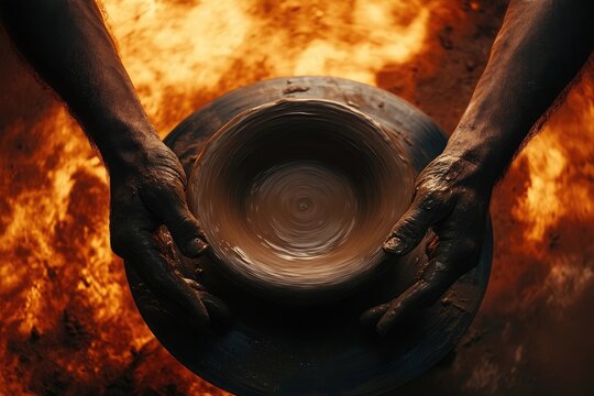 A potter's hands skillfully shape clay on a spinning wheel, fiery background.