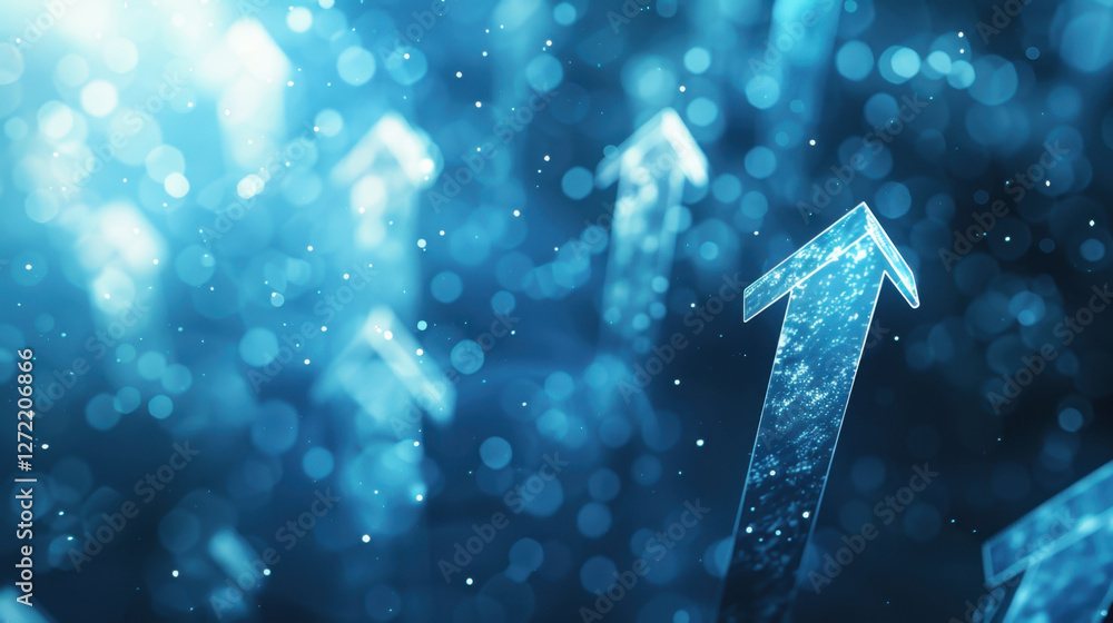 Poster digital arrows pointing upward in blue, sparkling background symbolize growth and progress. vibrant 