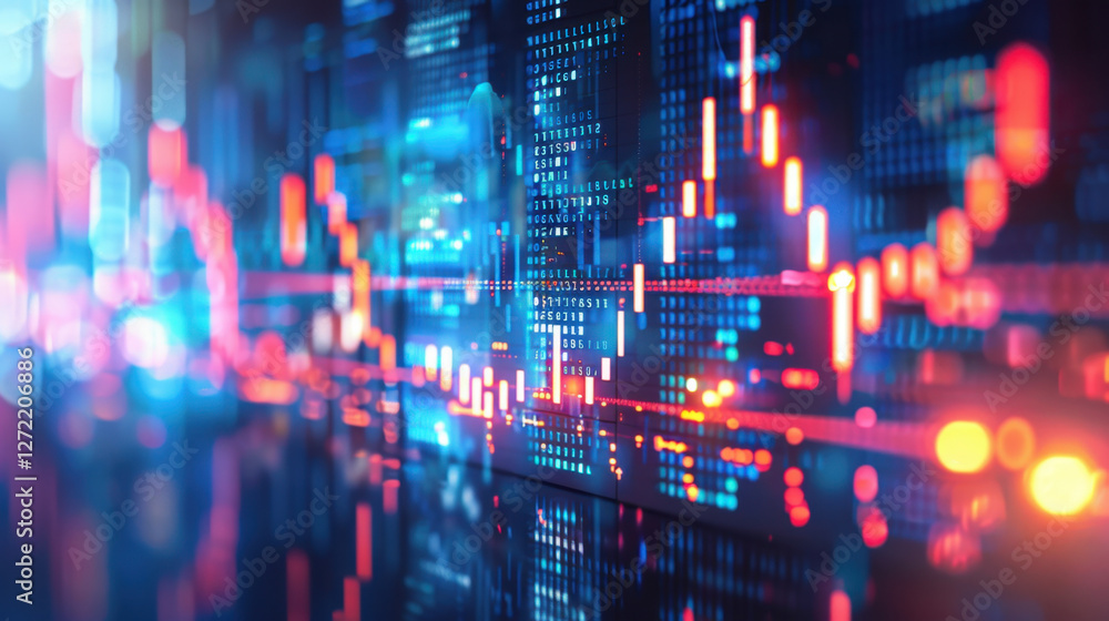Poster vibrant digital display showcasing data visualization with colorful graphs and numbers, representing