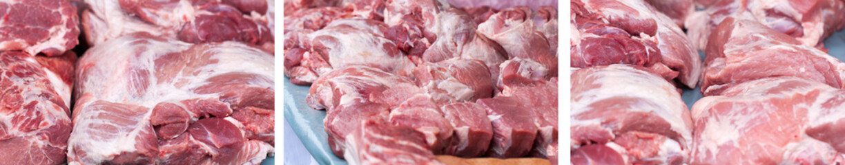 Fresh pieces of pork on the market counter. Selective focus