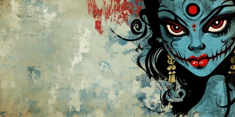 Blue goddess illustration with earrings on textured background