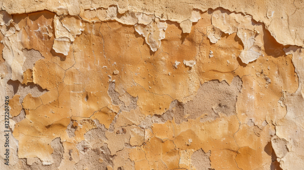 Poster peeling paint on textured wall, showcasing layers of orange and beige tones, creates rustic and weat