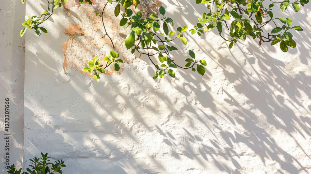 Poster textured white wall with green leaves casting shadows, creating serene atmosphere. interplay of ligh