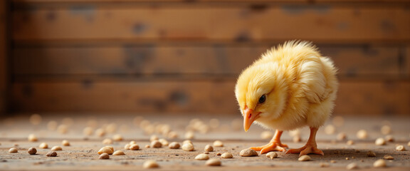 Baby chick pecking at seeds on wooden surface conveying innocence and springtime spirit in a warm, rustic atmosphere