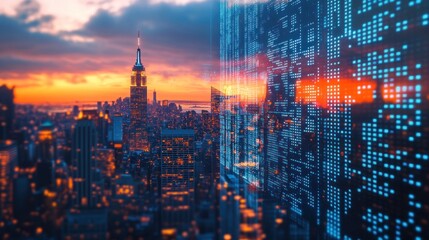 Manhattan sunset, data overlay, city skyline, digital future