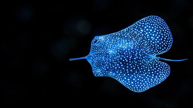   A close-up of a blue stingfish with white spots on its body against a black background