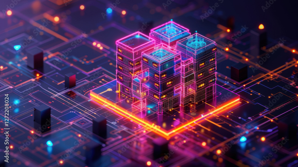 Poster digital cityscape with glowing buildings and circuit patterns, representing technology and innovatio