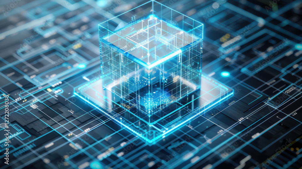 Poster futuristic digital representation of transparent cube on circuit board, symbolizing technology and i