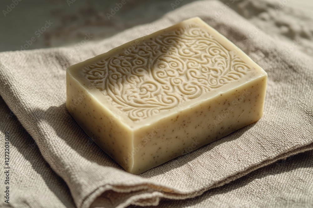Poster this eco-friendly soap bar showcases intricate embossed patterns, elegantly placed on a soft linen n