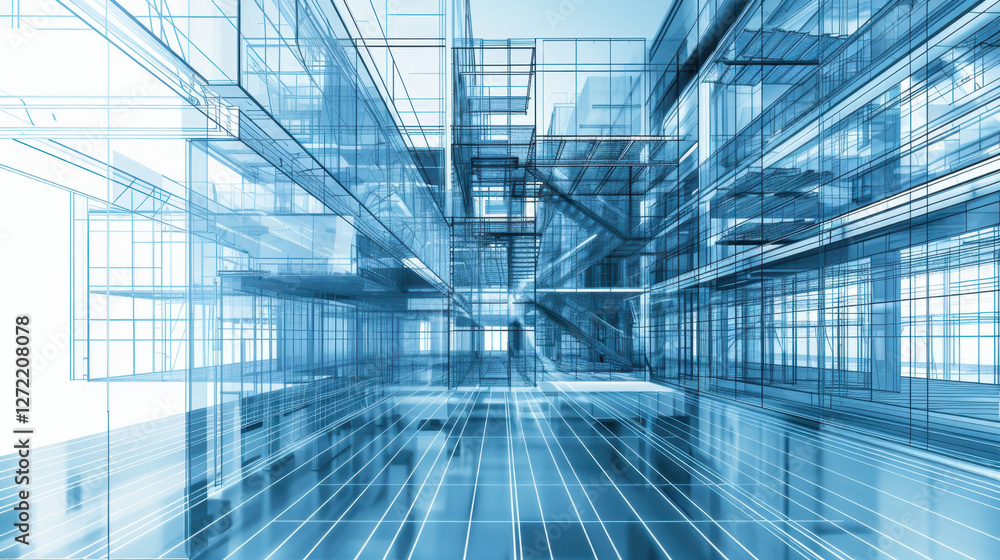 Poster futuristic architectural design featuring complex wireframe structure, showcasing transparency and d