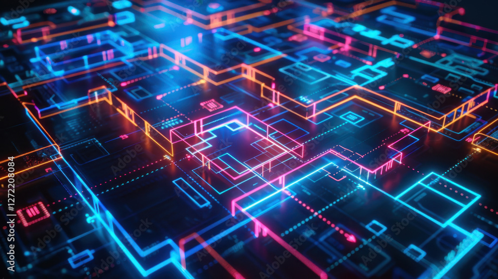Poster futuristic digital circuit board with glowing neon lines and patterns, showcasing vibrant colors and