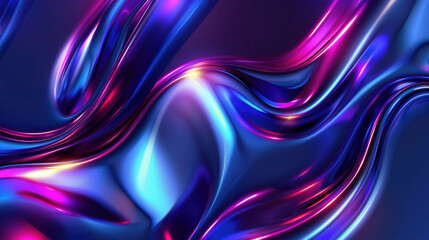 Colorful abstract waves with glossy texture and vibrant light reflections create mesmerizing visual experience, showcasing shades of blue, purple, and pink