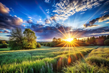 Sunset over green field, dramatic sky, trees