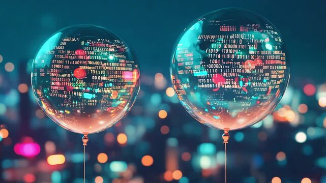 Illuminated globes display binary codes and data patterns while hovering over a bustling urban environment at night