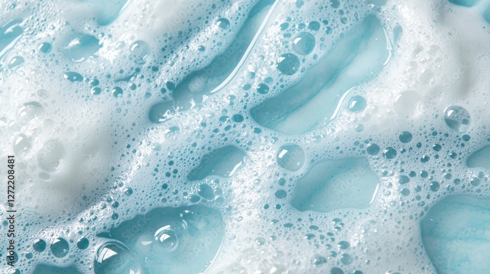 Poster A captivating display of soap foam reveals intricate bubbles and soft swirls in soothing blue shades, creating a whimsical and calming atmosphere that invites touch