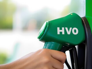 Hand Holding Green HVO Fuel Pump with Translucent Droplet at Eco-Friendly Energy Station