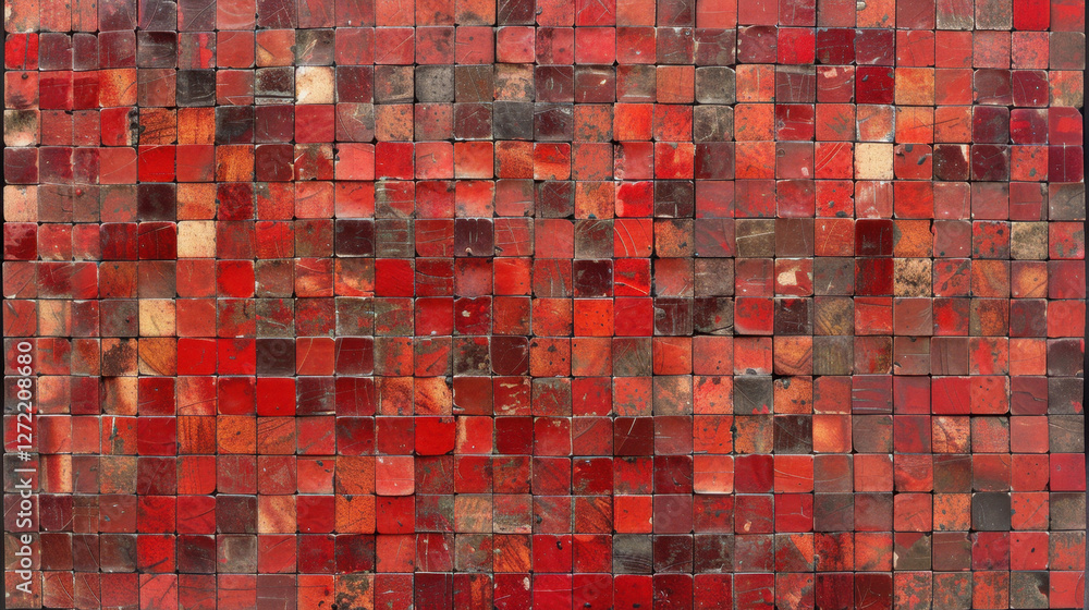 Poster textured red mosaic tiles create vibrant and warm background, showcasing various shades and patterns