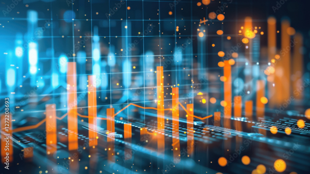 Poster vibrant digital representation of data analytics with glowing orange bars and lines, showcasing tren
