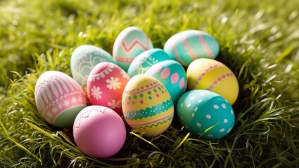 colored Easter eggs on green grass, Easter background