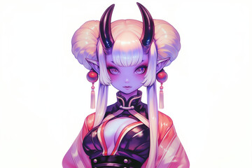 A Geisha Inspired Demon Girl, on a White Background