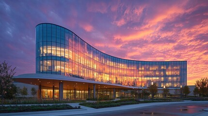 Modern curved glass building sunset landscape architecture