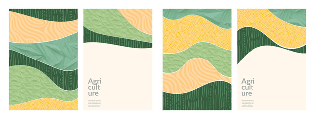 Sustainable agriculture with green geometric pattern and abstract illustration of Korea’s farmland. Organic farming flat vector art design, nature, agro landscape. Eco-friendly poster, invite, layout