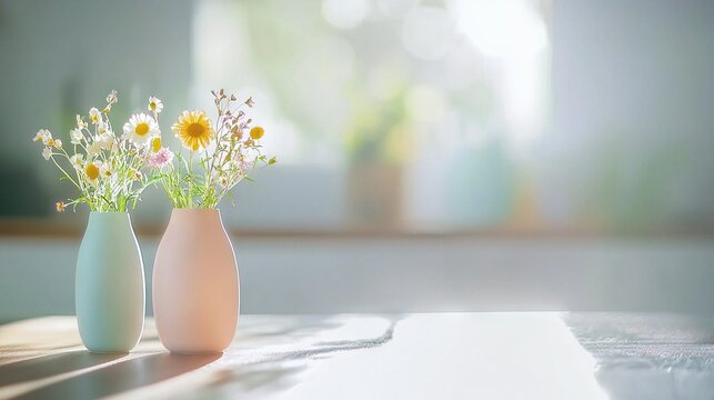   Two vases sit atop a wooden table, adjacent to one another on the table's surface