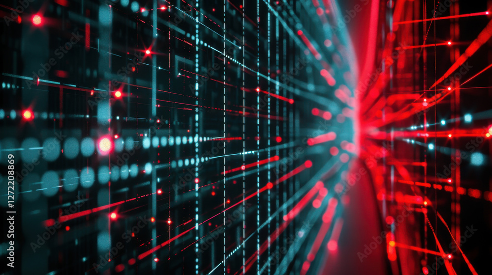 Poster digital abstract background with red and blue lines and dots, representing data flow and technology.