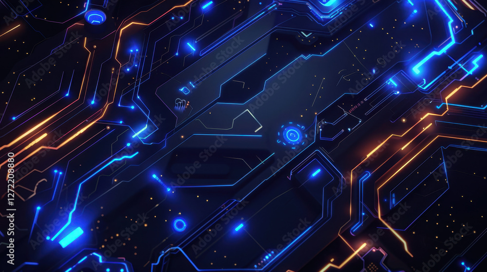 Poster futuristic digital circuit board with glowing blue and orange lines, showcasing intricate patterns a