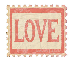 wrinkled postage stamp vintage love beige and red 
