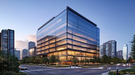 Modern glass office building cityscape dusk